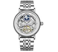 singmay Men's Silver Case White Dial Mechanical Watch with Hollow Movement, Dual Time Zone, Moon Phase, Luminous Markers, 30M Water Resistant, Silver Steel Band, Mineral Glass, Hollow Case Back