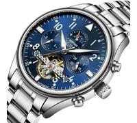 singmay Silver Case Blue Dial Men's Automatic Mechanical Watch with Tourbillon, Moon Phase, Date & Day Display, Stainless Steel Band, 30M Waterproof