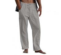 SINGOing Casual linen trousers, men's cotton trousers, plain harem trousers, baggy leisure trousers, breathable summer trousers, loose beach trousers, lightweight long trousers, Grey-b, 4XL