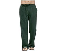 SINGOing Casual linen trousers, men's cotton trousers, plain harem trousers, baggy leisure trousers, breathable summer trousers, loose beach trousers, lightweight long trousers, Green, XXXXXL
