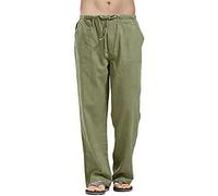 SINGOing Casual Linen Trousers Men's Cotton Trousers Plain Harem Trousers Baggy Leisure Trousers Breathable Summer Trousers Loose Beach Trousers Lightweight Long Trousers (Army Green A, XXXXXL)
