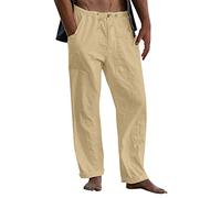 SINGOing Casual linen trousers, men's cotton trousers, plain harem trousers, baggy leisure trousers, breathable summer trousers, loose beach trousers, lightweight long trousers, Khaki-b, 3XL