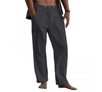 SINGOing Casual linen trousers, men's cotton trousers, plain harem trousers, baggy leisure trousers, breathable summer trousers, loose beach trousers, lightweight long trousers, Dark grey-b, 4XL