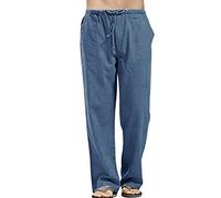 SINGOing Casual linen trousers, men's cotton trousers, plain harem trousers, baggy leisure trousers, breathable summer trousers, loose beach trousers, lightweight long trousers, blue, 3XL