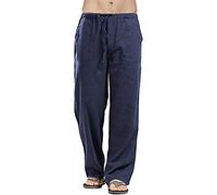 SINGOing Cotton Linen Pants, Men's Harem Jogger, Breathable Lightweight Summer Beach Trousers, Dark Blue-a, M