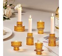 Singring Tealight Candle Holder, Taper Glass Candle Holders for Wedding Table Centerpieces, Candlestick Holders Set of 6, Tea Lights Candle Holder for Birthday, Dinner Party, Home Decor (Amber)