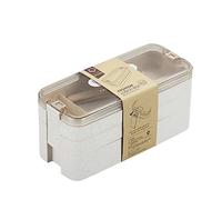 Singular-Point 3-Tier Portable Lunch Box with Lunch Compartment Simple Japanese Lunch Box Safe and Eco-Friendly W-Heat Straw Lunch Box with Fork Spoon, Easy to Clean, Microwave Safe Funny