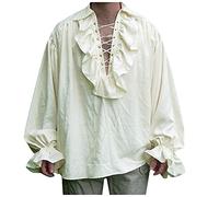 Singular-Point Medieval Gothic Shirt Men's Medieval Pirate Shirt Ruffled Renaissance Costume Vampire Steampunk Victorian Gothic Shirt Halloween Costumes Bandage Puff Sleeve Shirt, Beige, XL