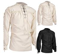 Singular-Point Men Medieval Shirt Men's Medieval Pirate Shirt Ruffled Renaissance Costume Vampire Steampunk Victorian Gothic Shirt Halloween Costumes Bandage Puff Sleeve Shirt, Beige, 4XL