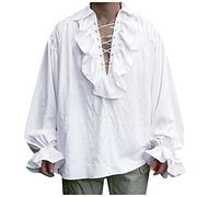 Singular-Point Men's Medieval Top Men's Medieval Pirate Shirt Ruffled Renaissance Costume Vampire Steampunk Victorian Gothic Shirt Halloween Costumes Bandage Puff Sleeve Shirt, White, M