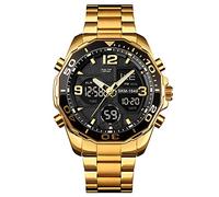 Singular-Point Men's Multi-Time Chronograph Digital Analog Stainless Steel Sports Wrist Watch (Gold)