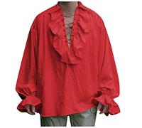 Singular-Point Mime Costume Accessories Men's Medieval Pirate Shirt Ruffled Renaissance Costume Vampire Steampunk Victorian Gothic Shirt Halloween Costumes Bandage Puff Sleeve Shirt, Red, XL