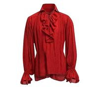 Singular-Point Pirate Shirt - Men's Medieval Ruffled Renaissance Costume Vampire Steampunk Victorian Gothic Shirt, Red, XXL