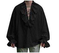 Singular-Point Vintage Punk Medieval Men's Medieval Pirate Shirt Ruffled Renaissance Costume Vampire Steampunk Victorian Gothic Shirt Halloween Costumes Bandage Puff Sleeve Shirt, Black, L