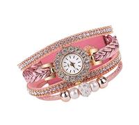 Singular-Point Women Watch Vintage Weave Wrap Quartz Wrist Watch Bracelet for Ladies Luxury Diamond Pearl Watch Bracelet Women Wrap Watches Bracelet Wind up Watches (Pink)