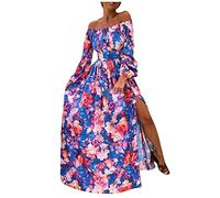 Singular-Point Women's Casual Sexy Boat Neck Pullover Long Sleeve Printed Slit Dress Women's Casual Sexy Flat Neck Pullover Long Sleeve Printed Slit Dress Blue