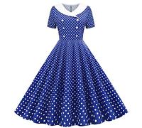 Singular-Point Women's Dress 1950s Retro Polka Dot Print Dress Fashion Contrasting Color V-Neck Double-Breasted Button Slim Slim Slim Dress Elegant Temperament Party Dress,Dark Blue,M