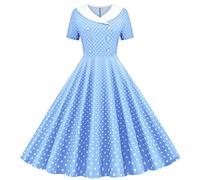 Singular-Point Women's Dress 1950s Retro Polka Dot Print Dress Fashion Contrasting Color V-Neck Double-Breasted Button Slim Slim Slim Dress Elegant Temperament Party Dress,Light Blue,L