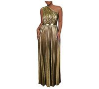 Singular-Point Women's Dress Elegant Luxury Gold Sequin Evening Gown Solid Color Fashion Sexy One Shoulder Backless Pleated Dress High Waist Side Zipper Dress