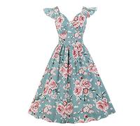 Singular-Point Women's Dress Flying Sleeves Retro Floral Print Dress V-Neck Waist Slim Puff Swing Dress Mid-Length A-Line Dress Elegant Evening Dress Blue