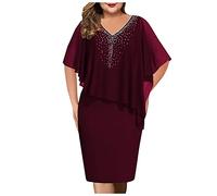 Singular-Point Women's Dress Plus Size V Neck Asymmetric Hip Cover Dress Diamond Sequined Chiffon Dress Elegant High Class Party Dress Wine