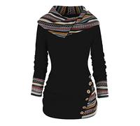 Singular-Point Women's Geometric Striped Patchwork Hoodie Retro Ethnic Print Hooded Sweatshirt Slim Fit Long Sleeve Button Pullover Black