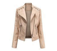 Singular-Point Women's Short Slim Biker Jacket Retro Punk Jacket Lapel Tie Pocket Zipper Faux Leather Jacket Winter Bomber Jacket, Complexion, M