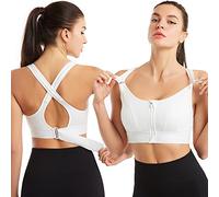 Singular-Point Women's Zip Front Closure Sports Bras Shock Absorber Wirefree Zipper Padded Racerback Workout Tank Push Up Padded Yoga Bras White, L