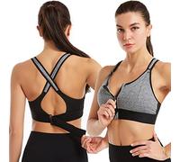 Singular-Point Women's Zip Front Closure Sports Bras Shock Absorber Wirefree Zipper Padded Racerback Workout Tank Push Up Padded Yoga Bras Gray, L