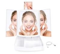 Singwow Makeup Mirror with LED lights, 1X/5X Tri-fold Magnifying Vanity Mirror with Storage, Touch Screen Brightness Adjustable Cosmetic Mirror with 180° Rotation (3 fold with storage)