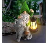Sinhra Garden Cat Gnome Decoration with Solar Lights, Resin Flocked Gnome Figurine Holding Lantern, Outdoor Statue, Grey, Water Resistant, LED Light, 6.1”L x 10.62”H