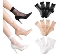 SINJAETRQ 12 Pack Women's Polka Dot Ruffle Socks - Soft Breathable Nylon Mid-Calf Hosiery with Frilly Lace Cuff - Cute Vintage Style School & Office Tights for Ladies (Black, Beige, White)