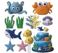 SINJAETRQ 12Pcs Under The Sea Cake Decorations Set - Ocean Theme Party Supplies with Shark Octopus Starfish Coral, Sea Creatures Cake Toppers for Birthday Dessert Table & Fish Tank Aquarium Ornament