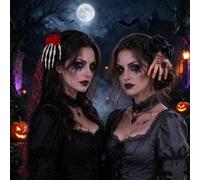 SINJAETRQ 2-Pack Halloween Hair Accessories Set - Gothic Fake Hand Hair Clips & Red Spiderweb Skeleton Veil Headband, Spooky Halloween Headpiece for Women's Vampire & Dead Bride Costumes