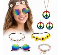 SINJAETRQ 7 Pcs Hippie Accessories for Women - 60s 70s Costume Set with Daisy & Sunflower Headbands, Round Sunglasses, Peace Sign Necklace, Earrings & Beaded Bracelet for Festival Carnival Party