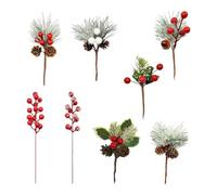 SINJAETRQ 8PCS Christmas Tree Picks and Sprays PVC Artificial Holly Red Berries Christmas Decorations Christmas Tree Filler for DIY Crafts Wreath Christmas Wrapping Decorations Holiday Home Decor