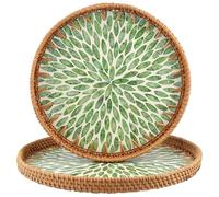 SINJEUN 2 PCS Rattan Serving Tray, Pale Brown Round Rattan Bread Baskets with Inlay, 2 Size Woven Serving Tray for Decorative Storage Fruit Food 30 34cm