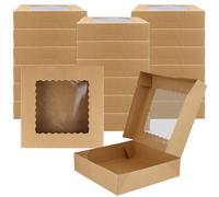 SINJEUN 20 Pack Kraft Cookie Boxes with Window, 26x26x6.35cm Brown Cake Boxes Bakery Pastry Boxes, Cardboard Cookie Dessert Boxes for Gift Packing