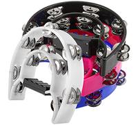 SINJEUN 4 Pack 10 Inch Double Row Tambourine, Metal Jingles Hand Held Percussion with Ergonomic Handle, 4 Colors Half Moon Musical Tambourine for Beginner, Church, KTV, Party