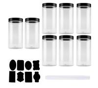 SINJEUN 8 Pack 1000ml Plastic Jars with Black Lids, Clear Grain Storage Container with Labels, Round Airtight Storage Jars Food Storage Containers for Macaroni Pasta, Grain, DIY Crafts