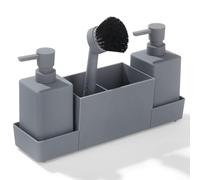 Sink Area Organizer Set Includes Two 350ml Soap Dispensers, Sponge Holder, Stiff Bristle Brush and Perforated Drip Tray (Grey)