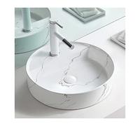 Sink Bowl Over Counter Ceramic Small Sink Bowl Modern Vessel Artistic White Marble Pattern Bathroom Vanity with Pop Up Drain(B)