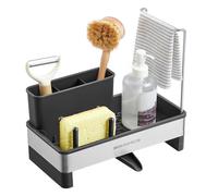 SONGMICS Kitchen Sink Caddy Tidy, Sink Organiser with Sponge Holder, Washing up Caddy for Brushes, Cloths, Soap, Stainless Steel, Space-Saving, Rotatable Spout, Ink Black and Silver KCS555BH01