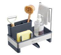 SONGMICS Kitchen Sink Caddy Tidy, Sink Organiser with Sponge Holder, Washing up Caddy for Brushes, Cloths, Soap, Stainless Steel, Space-Saving, Rotatable Spout, Slate Grey and Silver KCS555GN01