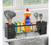 Sink Caddy Tidy Kitchen Organiser - Sink Drainer Rack Black Sponge Holder with 2 Plastic Storage Basket - Auto Draining Organizer Washing Up Soap Drying Tray Stainless for Kitchen Bathroom Countertop