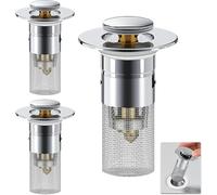 Sink Drain Strainer, Universal Bathroom Sink Plug, Pop-Up Small Bathroom Sink Drain Strainer Plug with Easy-to-Clean Stainless Steel Strainer Basket, Tool-Free Installation (2 Pieces) (Plastic core)