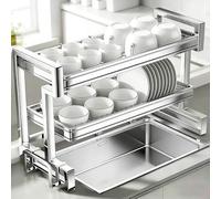 Sink Dry Rack, 2-Tier Kitchen Counter Dish Drying Rack, Large Capacity Over The Sink Organizer with Knife Holder Hooks, Space-Saving and Storage Solution