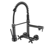 Sink Faucet Kitchen Fauce with Pull Down Sprayer Dual Holes Wall Mount Spring Kitchen Sink Faucet Rotation Brass Double Cross Knobs Hot Cold Water Kitchen Mixer Tap,Black(Bl