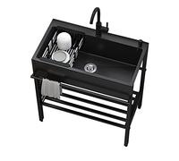 Sink Freestanding, Black Stainless Steel Utility Sink Freestanding Pull-Out Faucet Multiple Sizes(90x45x86cm)