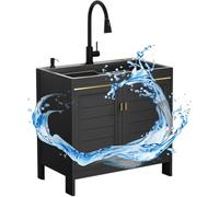 Sink Freestanding, Stainless Steel Outdoor Single Bowl Utility Sink Faucet Included Black Multiple Sizes(Faucet a,65x45x80cm)